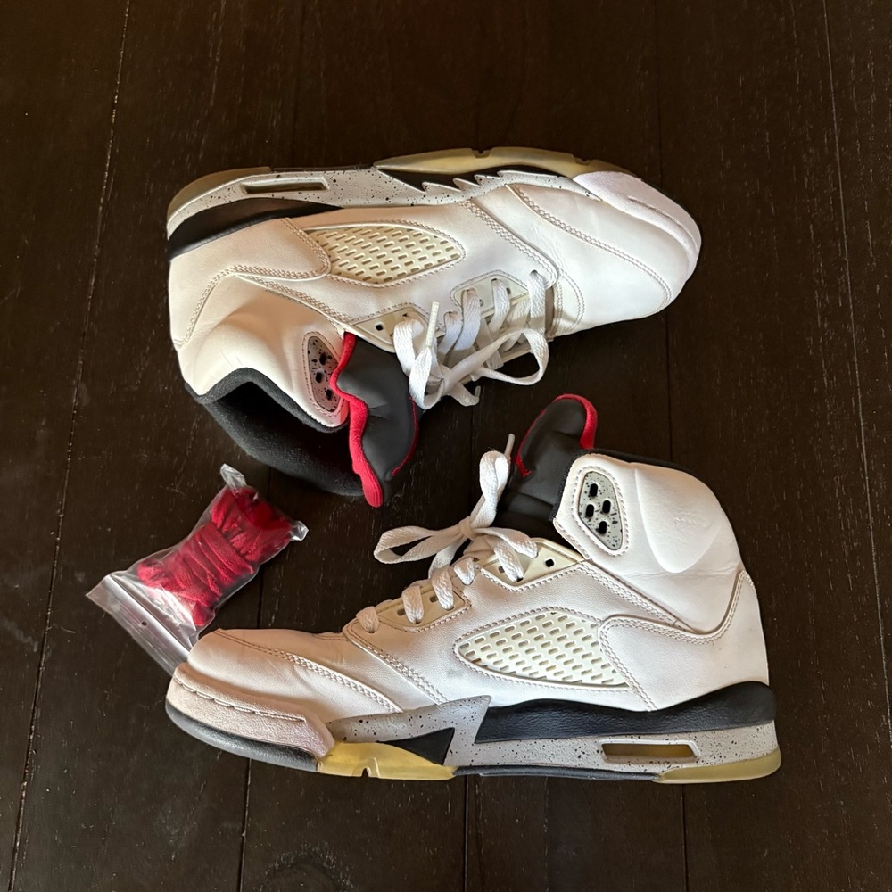 Air Jordan Retro‎ 5 White Cement White Red Black Youth Sneakers Shoes 7Y